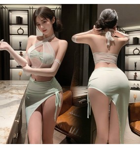 FEE ET MOI - Chic Drawstring Open-Back Hip-Baring Set (White - Green)
